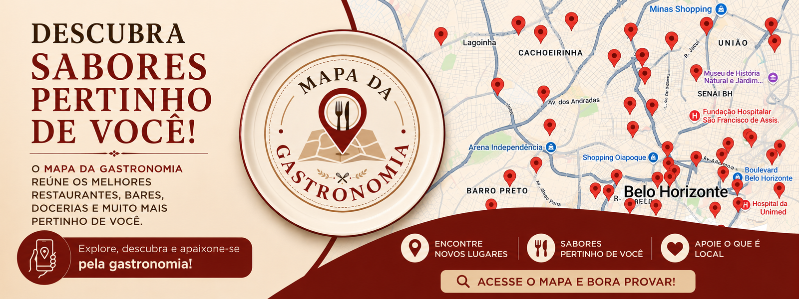Cadastre gratuitamente e faca parte do no clube de benefícios (1) Mapa gastronômico de Belo Horizonte com pins vermelhos